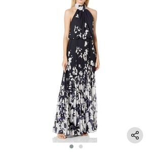Aqua Dresses Navy White Floral Pleated Halter Maxi Dress Size 12
